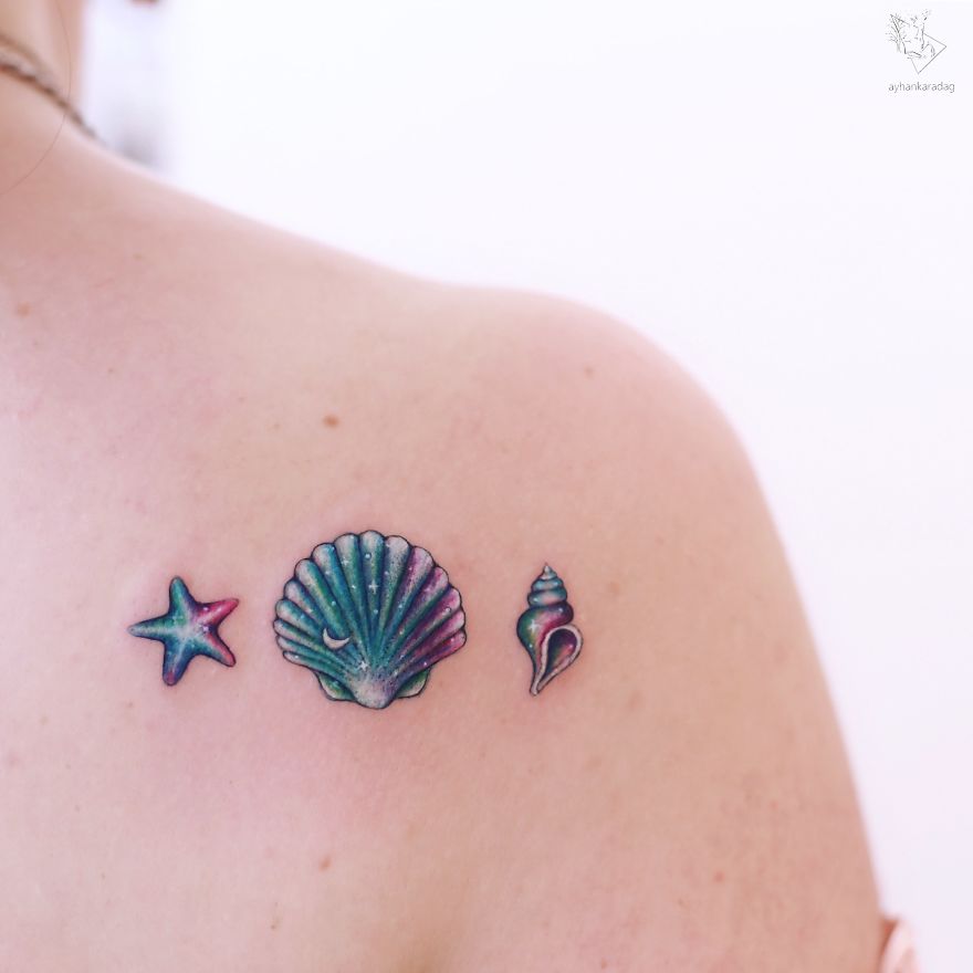 Sea-themed tattoo design on human skin: starfish, scallop shell, and conch shell in vibrant colors on shoulder.