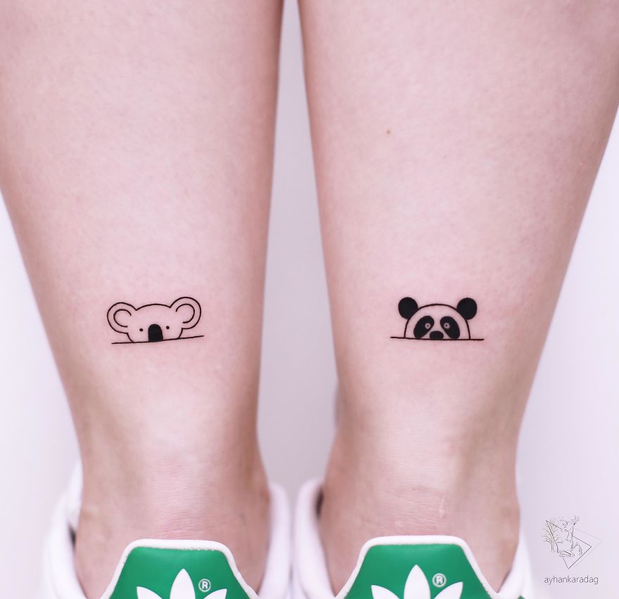 Cute koala and panda tattoo designs on human skin near ankles, showcasing minimalist animal art.