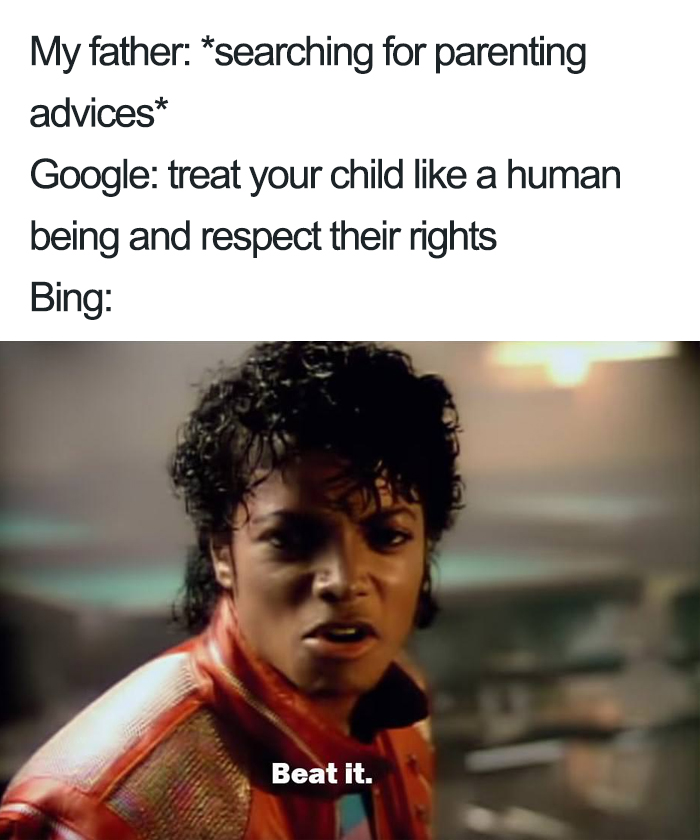 A "Google vs. Bing" meme comparing parenting advice, featuring the phrase "Beat it" from a famous music video.