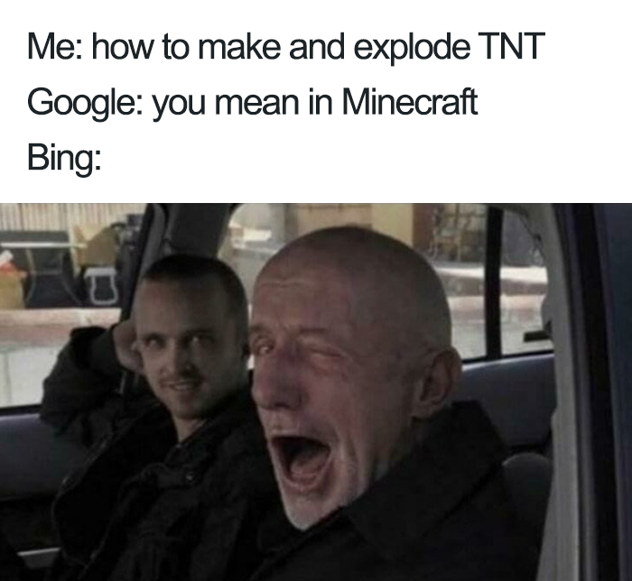 Two men in a car reacting humorously, depicting Google vs. Bing meme about TNT and Minecraft.