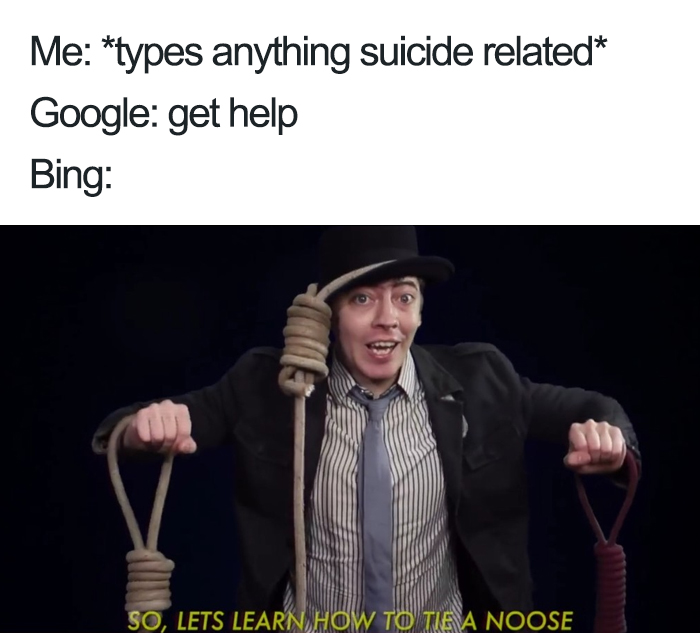 A humorous meme contrasting Google and Bing search results with a person holding nooses.