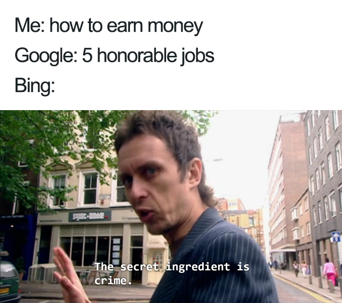 A humorous Google vs. Bing meme comparing job search results with a comedic twist.