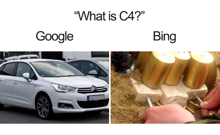 Google vs. Bing meme: Google shows a Citroën C4 car, Bing shows C4 explosives.