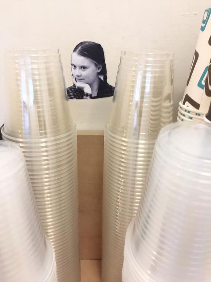 Office Workers Are Being Deterred From Using Plastic By These Photos Of Greta Thunberg Office Workers Are Being Deterred From Using Plastic By These Photos Of Greta Thunberg