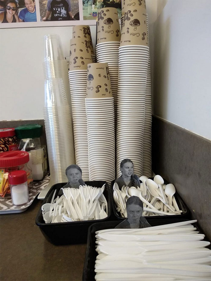Office Workers Are Being Deterred From Using Plastic By These Photos Of Greta Thunberg