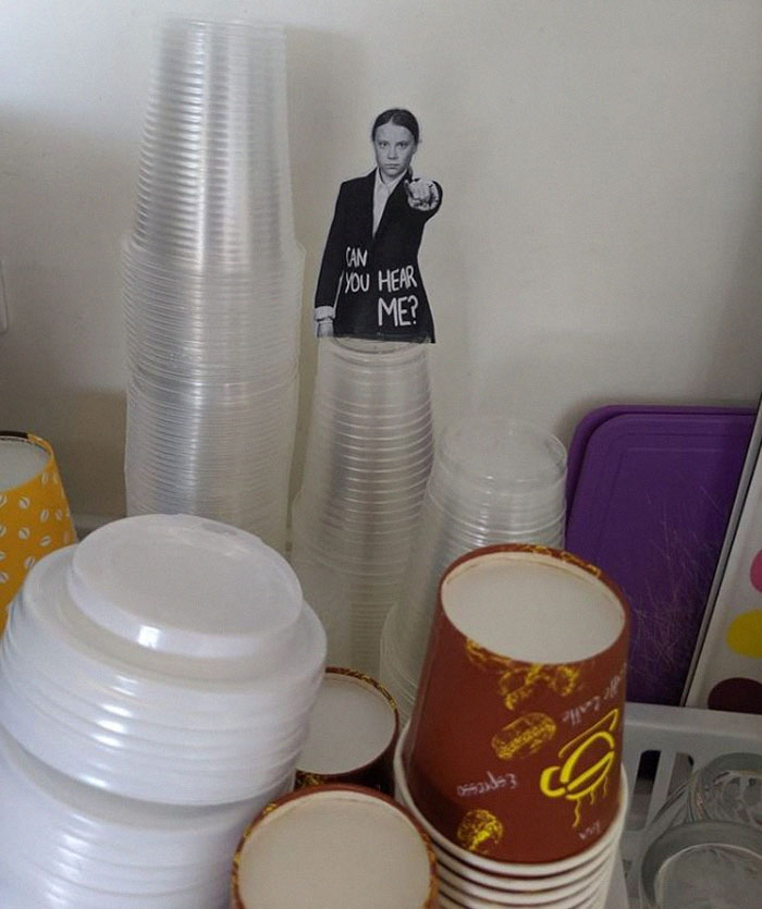 Office Workers Are Being Deterred From Using Plastic By These Photos Of Greta Thunberg Office Workers Are Being Deterred From Using Plastic By These Photos Of Greta Thunberg