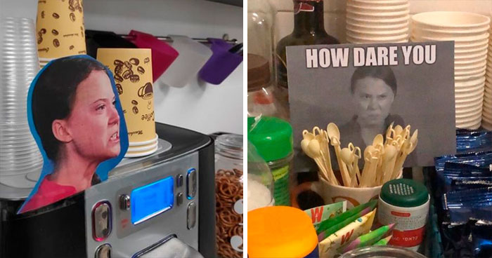 Office Workers Are Being Deterred From Using Plastic By These Photos Of Greta Thunberg