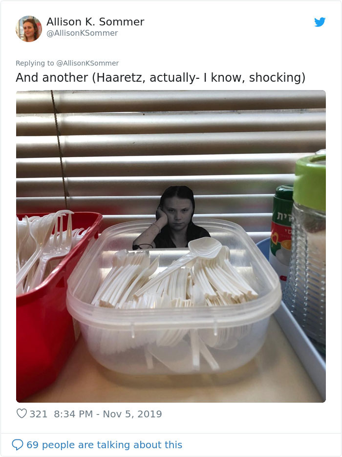 Office Workers Are Being Deterred From Using Plastic By These Photos Of Greta Thunberg Office Workers Are Being Deterred From Using Plastic By These Photos Of Greta Thunberg