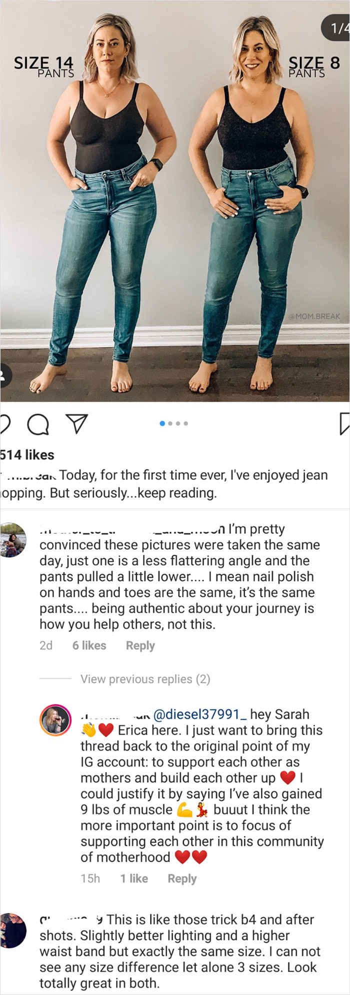 Mommy Blogger Claims To Have Cut Her Pant Size Nearly In Half In Just Two Months After Losing Only 15 Lbs, But Has The Exact Same Manicure In Both Pictures And Looks Exactly The Same. She Replies To Everyone Calling Her Out In The Comments And Has Accused Some Of Bullying