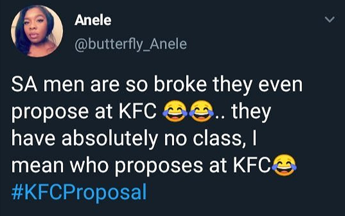 Twitter butterfly_Anele user reacting to KFC proposal story