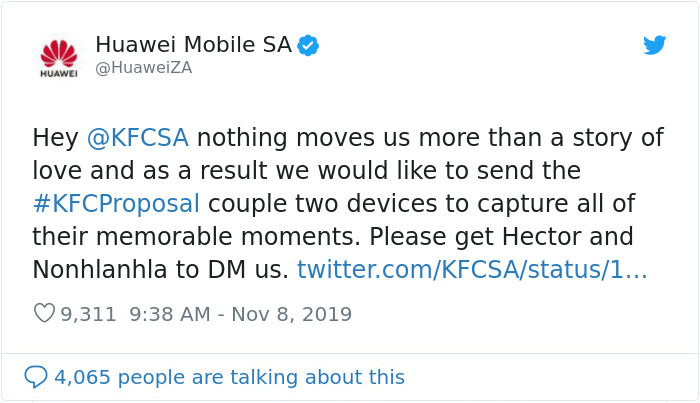 Twitter HuaweiZA user reacting to KFC proposal story