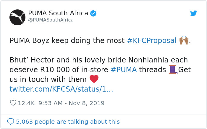 Twitter PUMASouthAfrica user reacting to KFC proposal story
