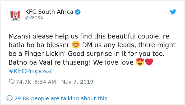 Twitter KFCSA user reacting to KFC proposal story