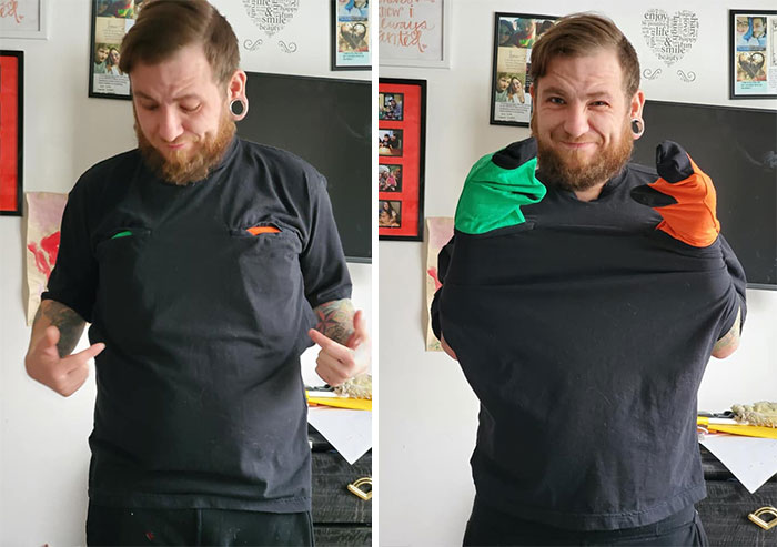 Thought I Was Grabbing A Plain Black T-Shirt For Work, But What I Got Was A Mobile Puppet Show