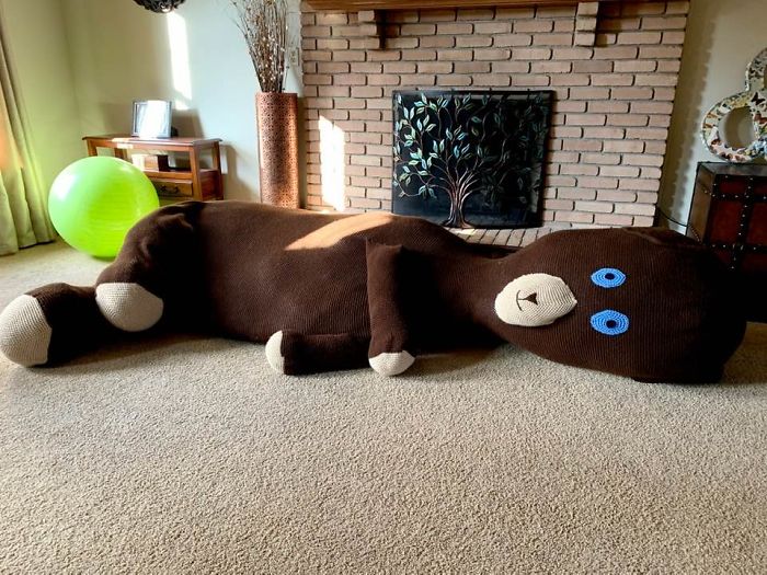 A 100 Pound Crocheted Teddy Bear. Using It To Keep The Littles Away From The Fireplace