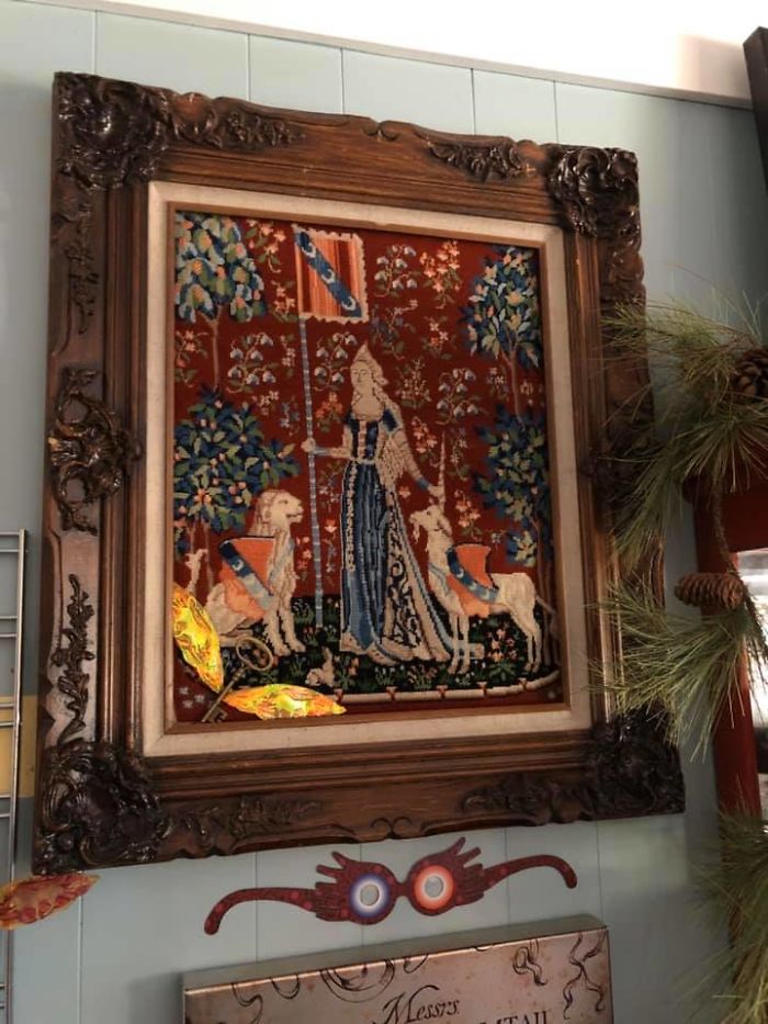 I Found This Wooden Frame At A Garage Sale For $1 And Then This Lady And The Unicorn Stitched Wool Tapestry For $10 That Literally Fit The Borders Of It Perfectly A Few Months Later