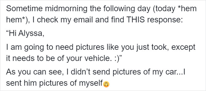 Woman Sends Pics Of Herself Instead Of Her Car To An Insurance Guy, And Over 50k People Find It Hilarious Woman Sends Pics Of Herself Instead Of Her Car To An Insurance Guy, And Over 50k People Find It Hilarious
