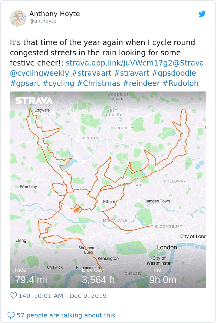 Cyclist Spends 9 Hours Pedaling Around London To Create An Image Of A Reindeer On A Fitness App