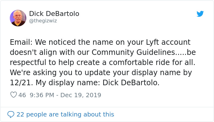 People With 'Offensive' Real Names Get Messages From Lyft Saying They Break 'Guidelines' People With 'Offensive' Real Names Get Messages From Lyft Saying They Break 'Guidelines'