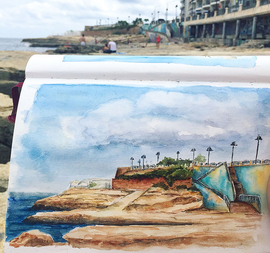 Beach In Sliema, Watercolor Sketch