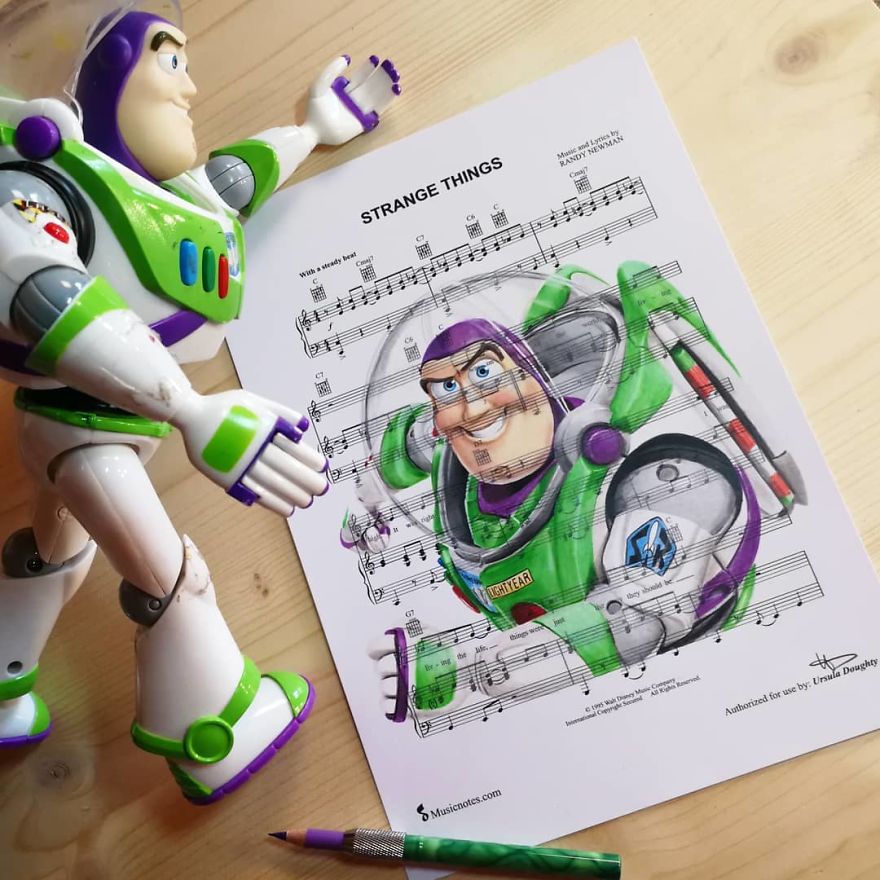 Artist Draws Disney Characters And Popular Singers On Sheet Music By Her Songs (New Pics)