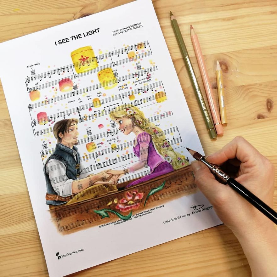 Artist Draws Disney Characters And Popular Singers On Sheet Music By Her Songs (New Pics)
