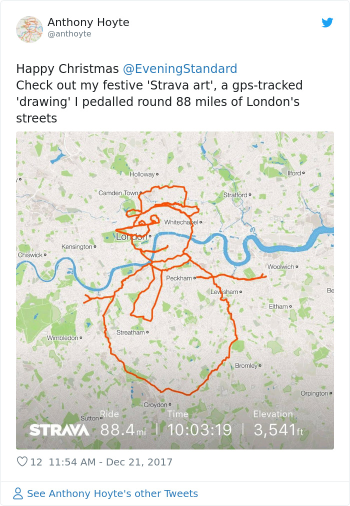 Cyclist Spends 9 Hours Pedaling Around London To Create An Image Of A Reindeer On A Fitness App