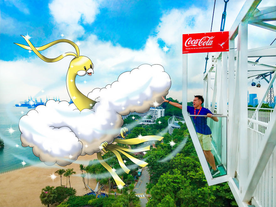 Illustrated Pokémon Altaria flying near a man on a cable car platform above a beach.