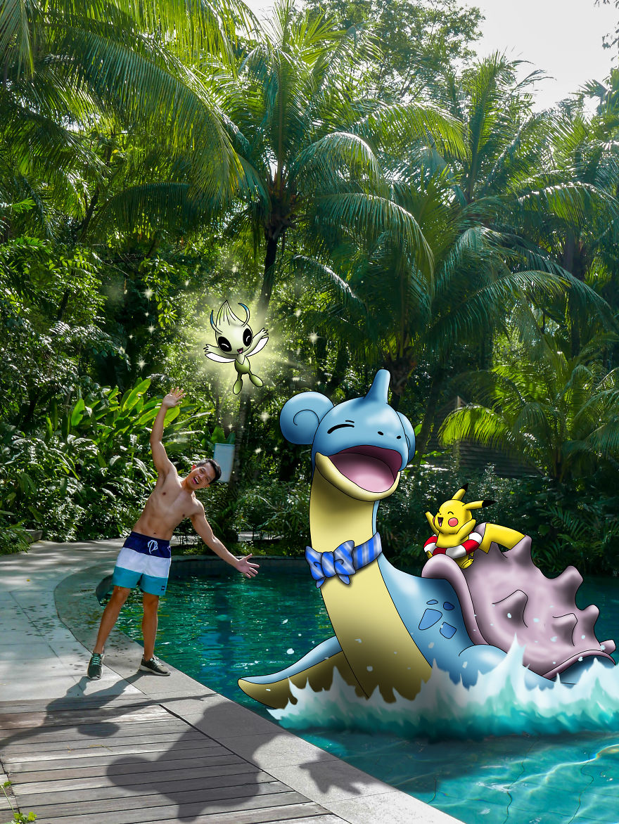 Man posing by pool with Pokémon illustrations including Lapras and Pikachu in lush, tropical setting.