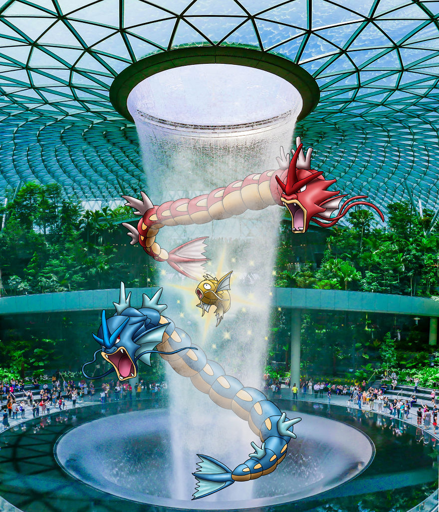 Pokémon illustrations featuring Gyarados and Magikarp blended into a waterfall photo at an indoor garden.