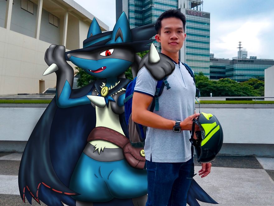 Man standing next to a Lucario Pokémon illustration in an urban setting, holding a helmet.