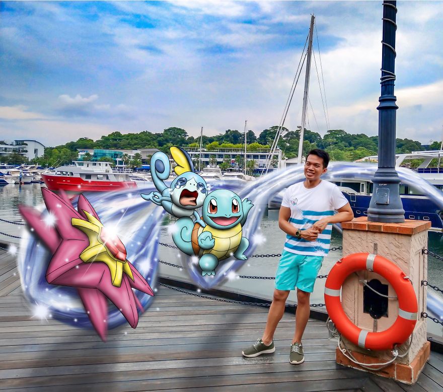 Pokémon illustrations with a man on a marina boardwalk, featuring Starmie, Sobble, and Squirtle.