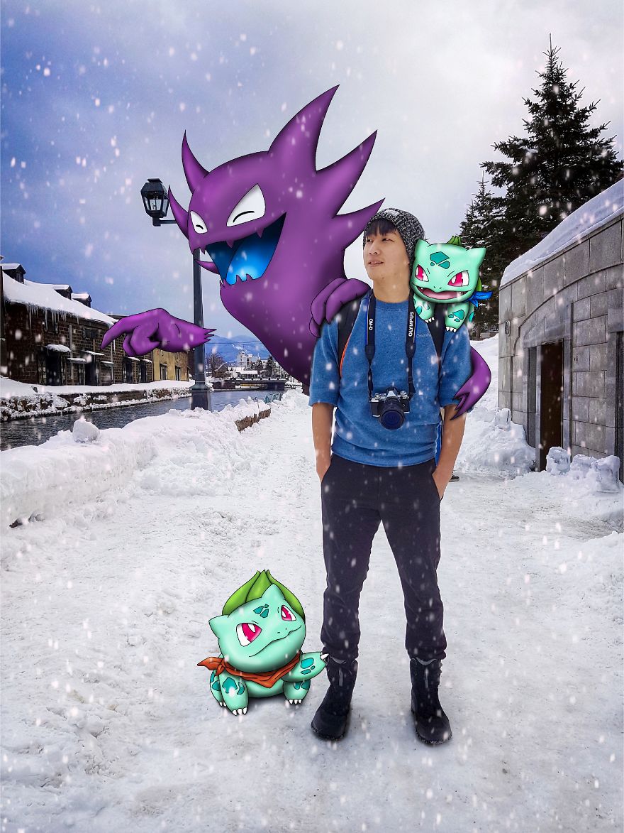 Person with camera surrounded by Pokémon illustrations on a snowy street.