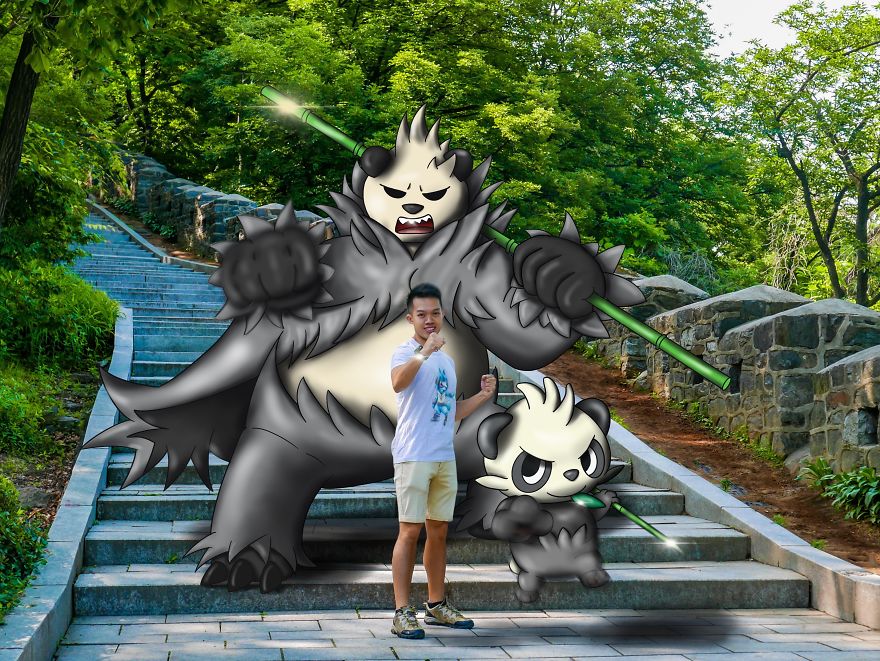 Man posing with inserted Pokémon illustrations on outdoor steps, surrounded by greenery.