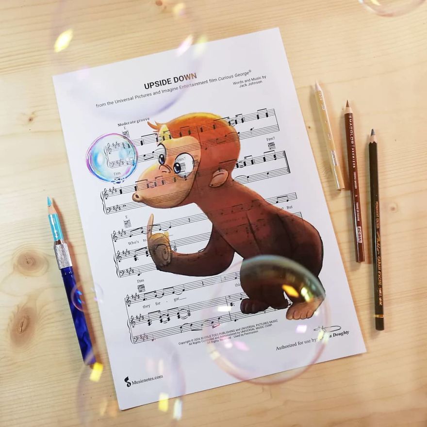 Artist Draws Disney Characters And Popular Singers On Sheet Music By Her Songs (New Pics)