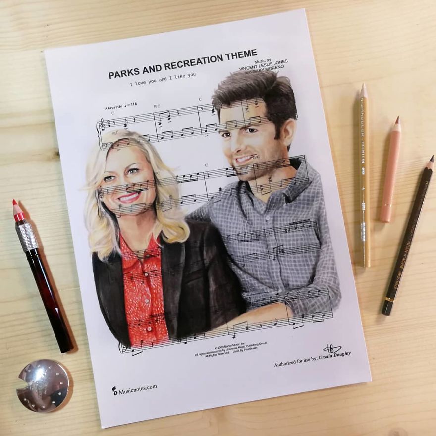 Artist Draws Disney Characters And Popular Singers On Sheet Music By Her Songs (New Pics)