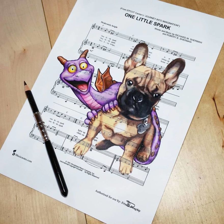 Artist Draws Disney Characters And Popular Singers On Sheet Music By Her Songs (New Pics)