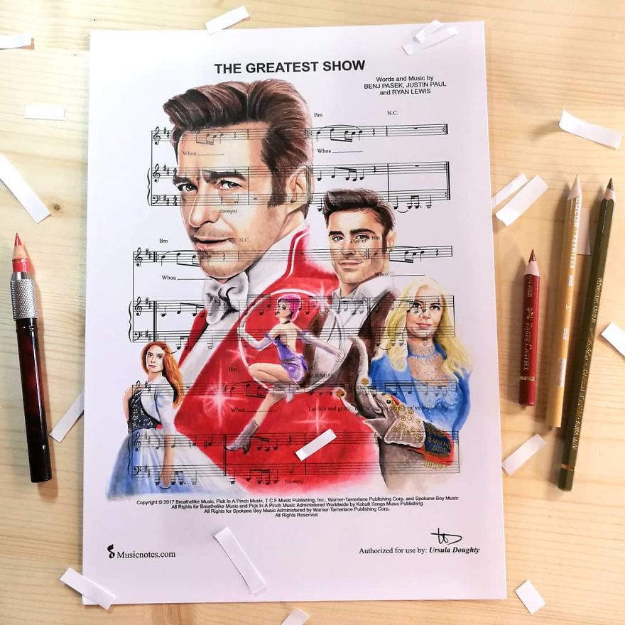 Artist Draws Disney Characters And Popular Singers On Sheet Music By Her Songs (New Pics)