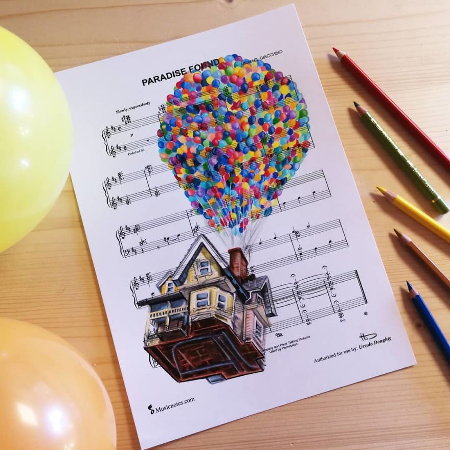 Artist Draws Disney Characters And Popular Singers On Sheet Music By Her Songs (New Pics)