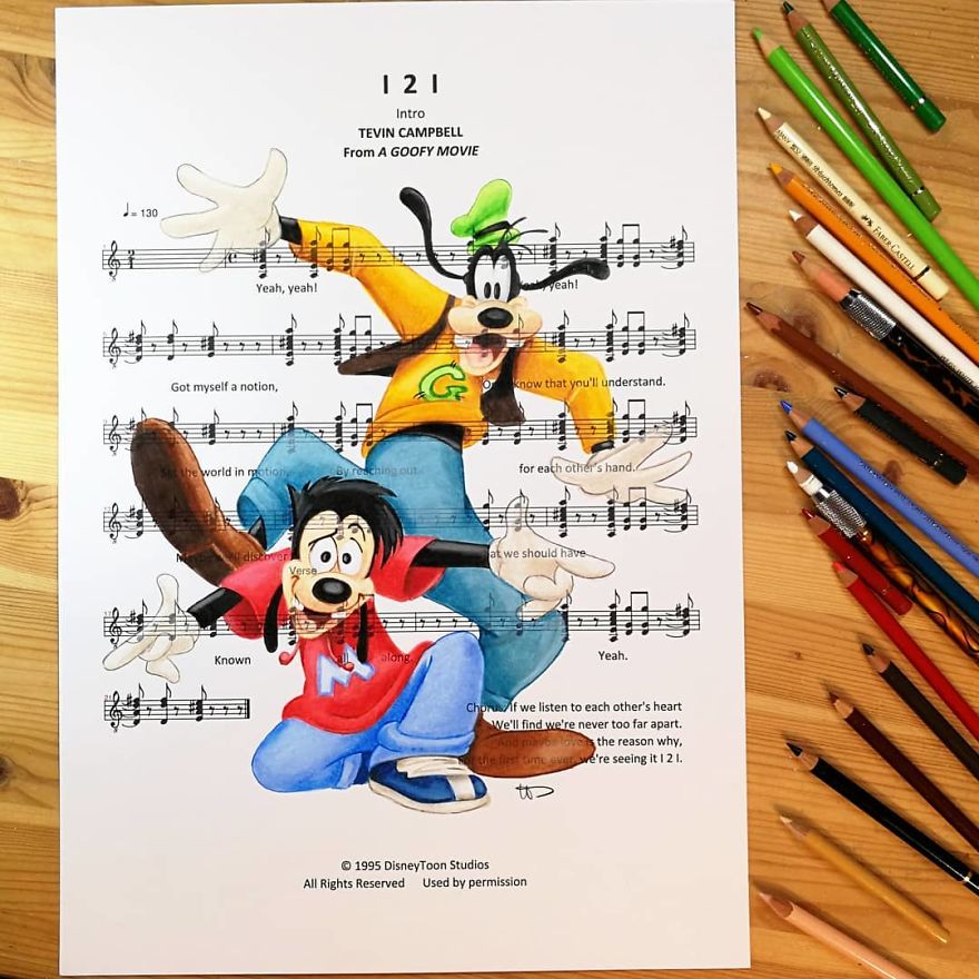 Artist Draws Disney Characters And Popular Singers On Sheet Music By Her Songs (New Pics)