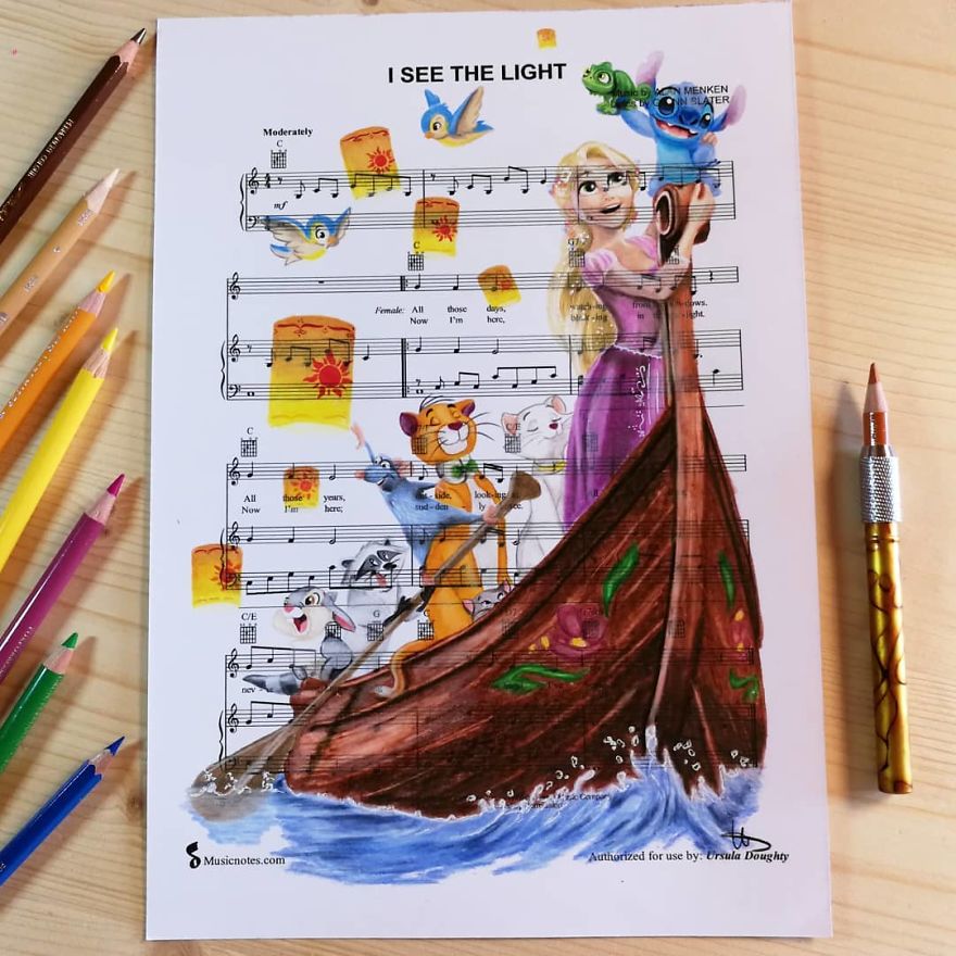 Artist Draws Disney Characters And Popular Singers On Sheet Music By Her Songs (New Pics)