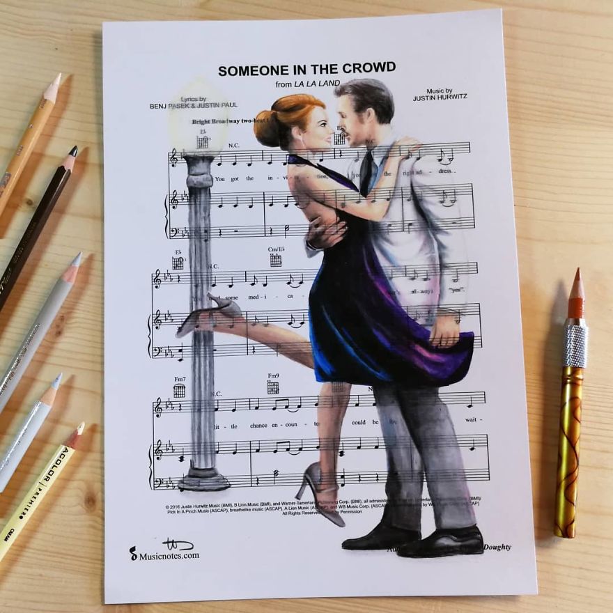 Artist Draws Disney Characters And Popular Singers On Sheet Music By Her Songs (New Pics)