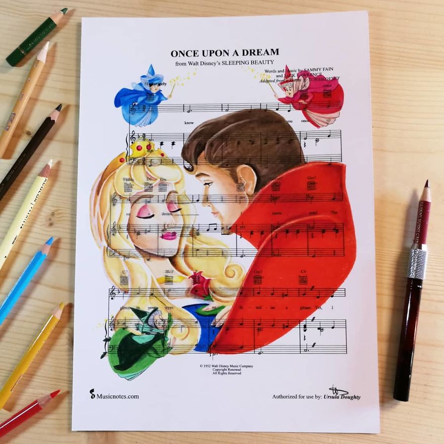 Artist Draws Disney Characters And Popular Singers On Sheet Music By Her Songs (New Pics)