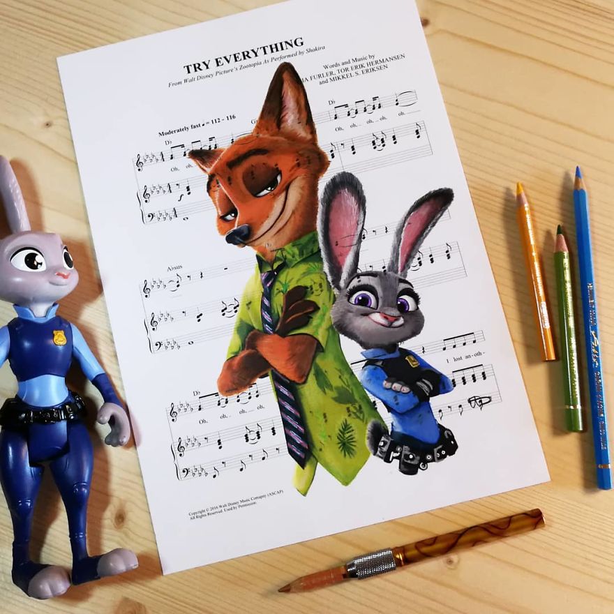 Artist Draws Disney Characters And Popular Singers On Sheet Music By Her Songs (New Pics)