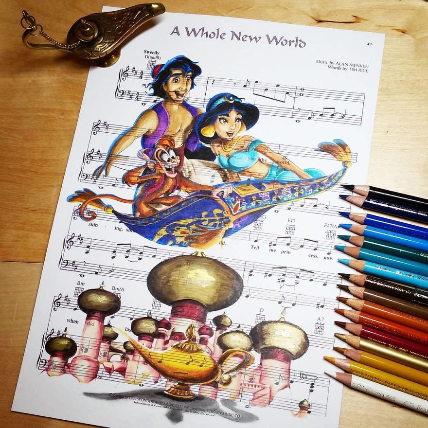 Artist Draws Disney Characters And Popular Singers On Sheet Music By Her Songs (New Pics)