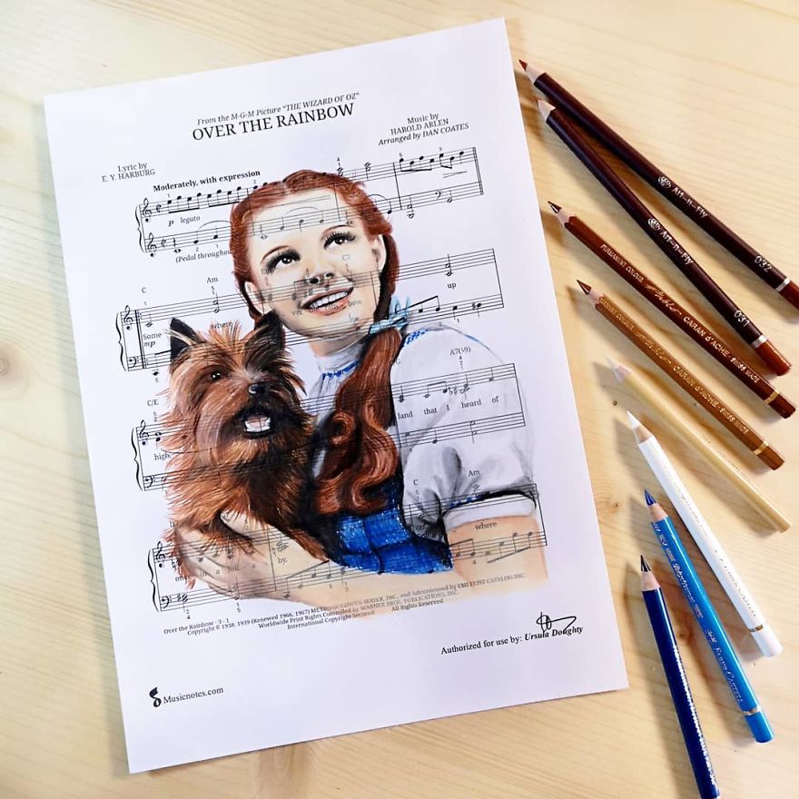 Artist Draws Disney Characters And Popular Singers On Sheet Music By Her Songs (New Pics)