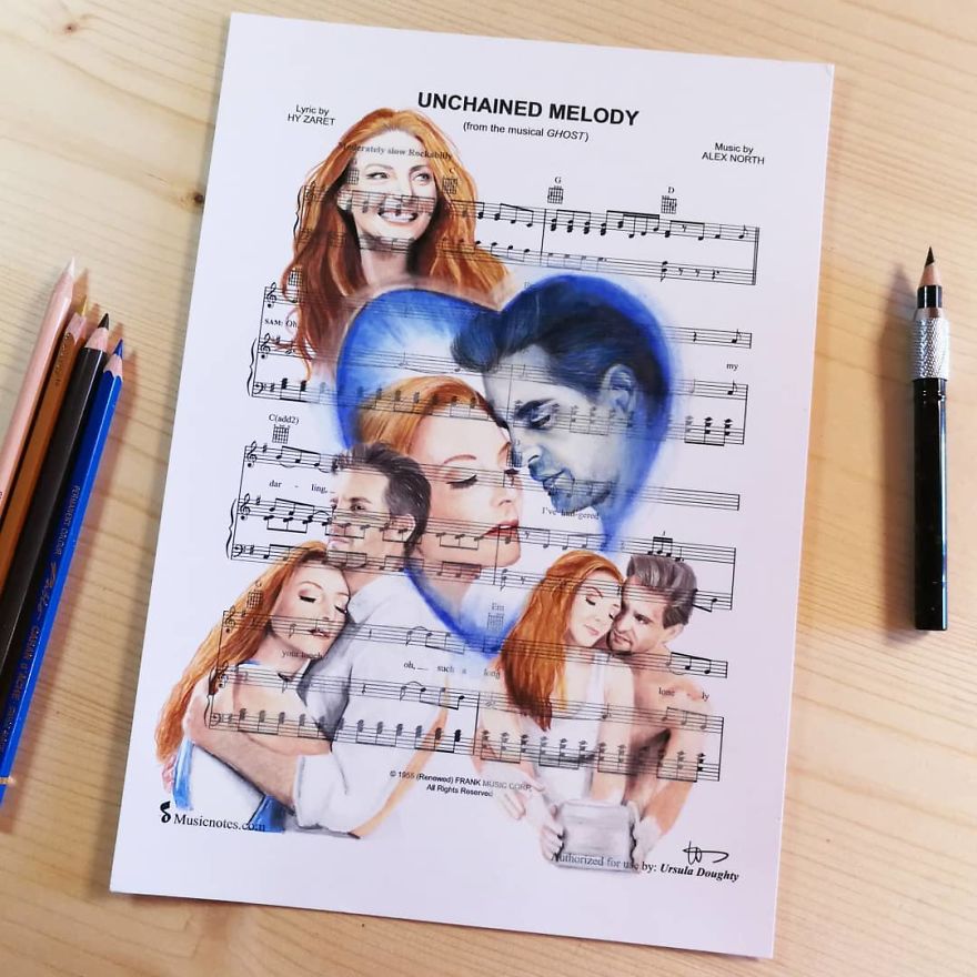 Artist Draws Disney Characters And Popular Singers On Sheet Music By Her Songs (New Pics)