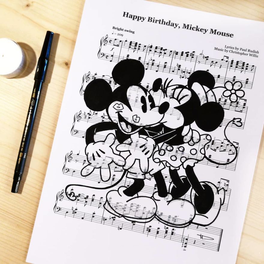 Artist Draws Disney Characters And Popular Singers On Sheet Music By Her Songs (New Pics)