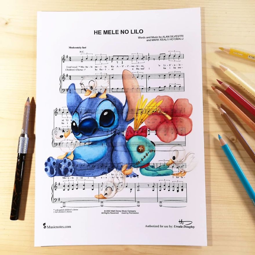 Artist Draws Disney Characters And Popular Singers On Sheet Music By Her Songs (New Pics)