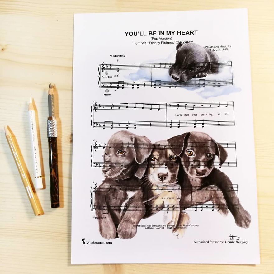 Artist Draws Disney Characters And Popular Singers On Sheet Music By Her Songs (New Pics)